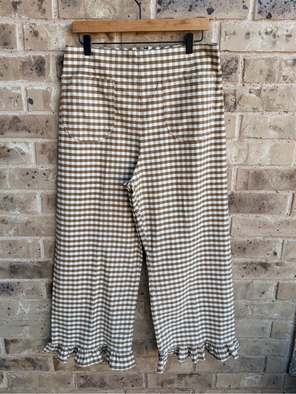 Maeve The Colette Brown and White Gingham Wide-Leg Ruffle-Hem Pants Size 32 - Picture 3 of 14